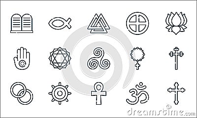 spiritual symbols line icons. linear set. quality vector line set such as cross, ankh, spiritual, hinduism, buddism, jainism, Vector Illustration