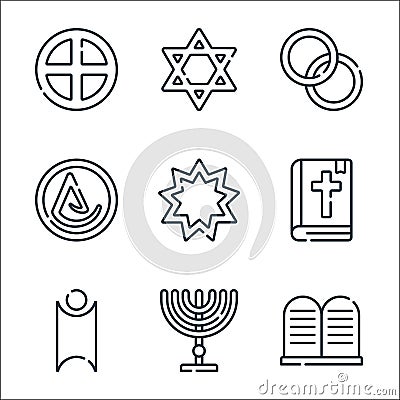 spiritual symbols line icons. linear set. quality vector line set such as commandements, menorah, humanism, christian, bahaism, Vector Illustration