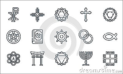 spiritual symbols line icons. linear set. quality vector line set such as paganism, manipura, atheist, menorah, torii gate, wicca Vector Illustration