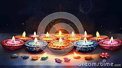 Spiritual Watercolor Diwali Festival with Lamps and Rangoli Designs AI Generated Cartoon Illustration