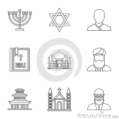 Spirituality icons set, outline style Vector Illustration
