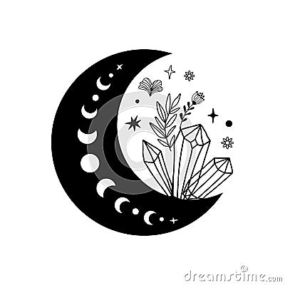 Spirituality moon phase crystal logo. Floral moon. Black graphic magical stone. Spiritual stone illustration. Hand drawn Cartoon Illustration