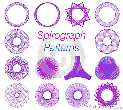 Spirograph patterns collection isolated on white background. Twisted lines different shapes. Guilloche frames useful as watermarks Vector Illustration