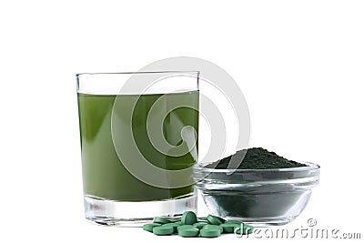 Spirulina drink and tablets Stock Photo