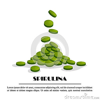 Spirulina falling tablets, algae nutritional supplement isolated on white background, vector illustration. Healthy food Vector Illustration