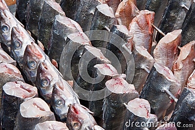 Spit with fish, prepared by smoking Stock Photo