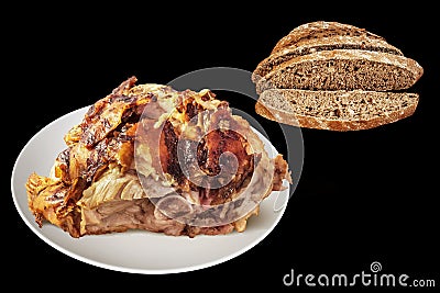 Spit Roasted Pork Ham With Brown Bread Slices Isolated On Black Stock Photo