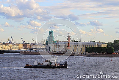 Arrow of Vasilyevsky Island on a cloudy evening Editorial Stock Photo