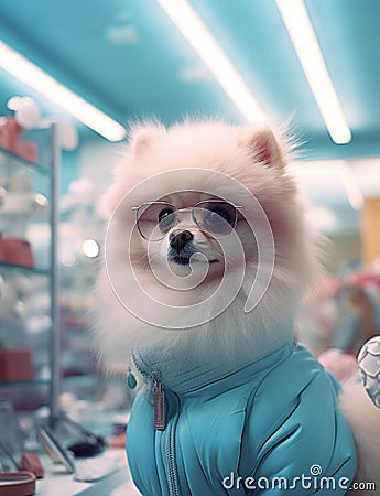 Spitz dog in blue overalls and glasses Stock Photo