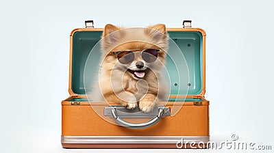 Spitz dog sitting in an open case. Tourist concept isolated on white background. Generative Ai Stock Photo