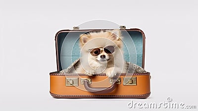 Spitz dog sitting in an open case. Tourist concept isolated on white background. Generative Ai Stock Photo