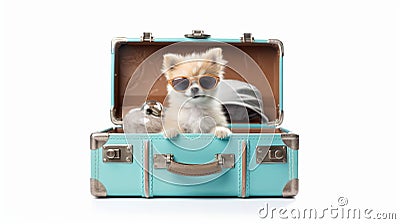 Spitz dog sitting in an open case. Tourist concept isolated on white background. Generative Ai Stock Photo