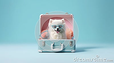 Spitz dog sitting in an open case. Tourist concept isolated on white background. Generative Ai Stock Photo