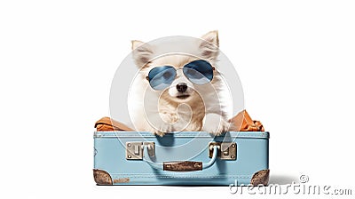 Spitz dog sitting in an open case. Tourist concept isolated on white background. Generative Ai Stock Photo