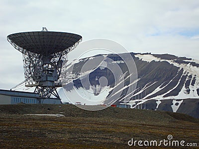 View of the Deep Space radio-telescope and satellite-tracking station at Longyearbyen on Spitzbergen, Norway Editorial Stock Photo