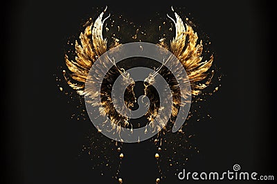 Gold wings of angel or eagle bird on black background. Splash gothic glamour decorative abstract concept. Generative AI. Stock Photo