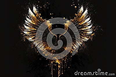 Gold wings of angel or eagle bird on black background. Splash gothic glamour decorative abstract concept. Generative AI. Stock Photo