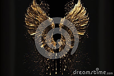 Gold wings of angel or eagle bird on black background. Splash gothic glamour decorative abstract concept. Generative AI. Stock Photo