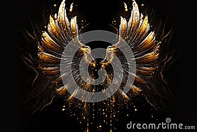 Gold wings of angel or eagle bird on black background. Splash gothic glamour decorative abstract concept. Generative AI. Stock Photo