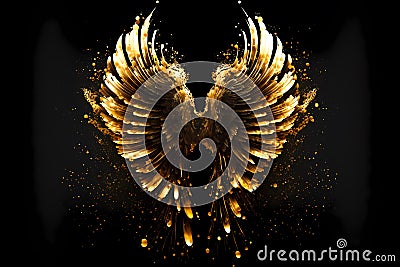 Gold wings of angel or eagle bird on black background. Splash gothic glamour decorative abstract concept. Generative AI. Stock Photo