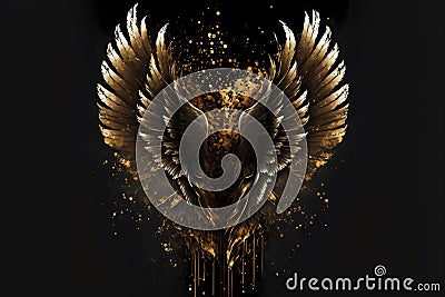 Gold wings of angel or eagle bird on black background. Splash gothic glamour decorative abstract concept. Generative AI. Stock Photo