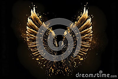 Gold wings of angel or eagle bird on black background. Splash gothic glamour decorative abstract concept. Generative AI. Stock Photo