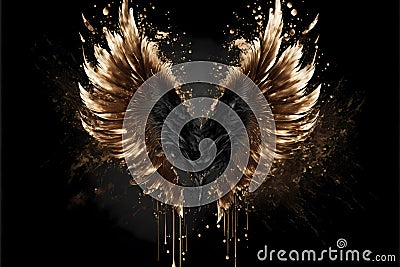 Gold wings of angel or eagle bird on black background. Splash gothic glamour decorative abstract concept. Generative AI. Stock Photo