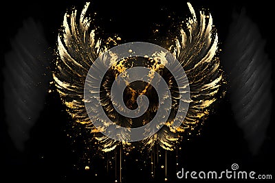 Gold wings of angel or eagle bird on black background. Splash gothic glamour decorative abstract concept. Generative AI. Stock Photo