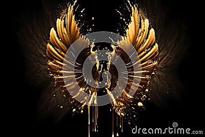 Gold wings of angel or eagle bird on black background. Splash gothic glamour decorative abstract concept. Generative AI. Stock Photo