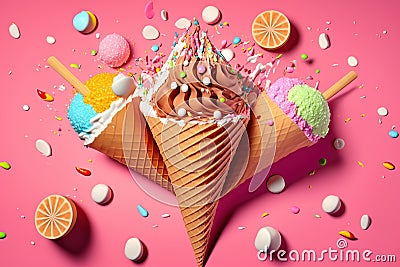 Splash of Ice Cream waffles cones with colorful sprinkles candy Stock Photo