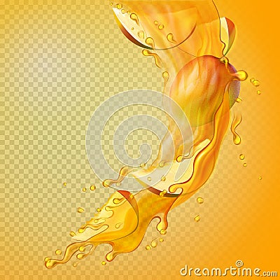 A splash of juice with mango and mango slices. Cartoon Illustration