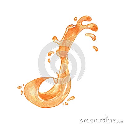 Splash juice of orange berries, fruit watercolor illustration isolated on white. Peach, mango, pumpkin yellow liquid Cartoon Illustration