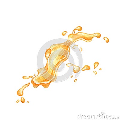 Splash juice of orange berries, fruit watercolor illustration isolated on white. Peach, mango, pumpkin yellow liquid Cartoon Illustration