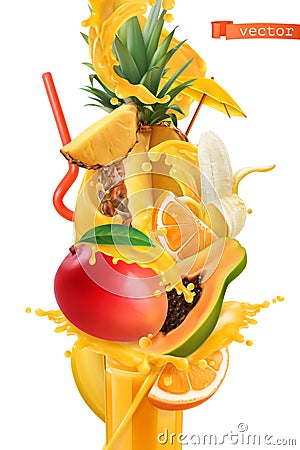 Splash of juice and sweet tropical fruits. Mango, banana, pineapple, papaya and orange. 3d vector Vector Illustration