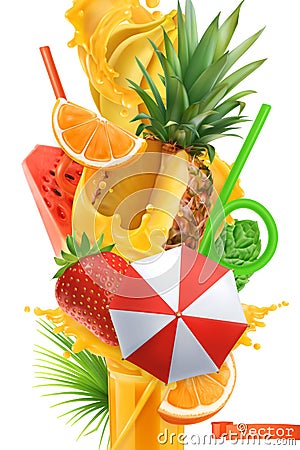 Splash of juice and sweet tropical fruits. Summer cocktail 3d vector Vector Illustration