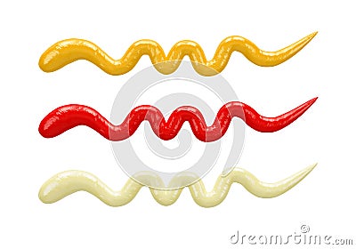Splash mayonnaise, mustard, ketchup inside ceramic jars, isolated on white background, top view Stock Photo