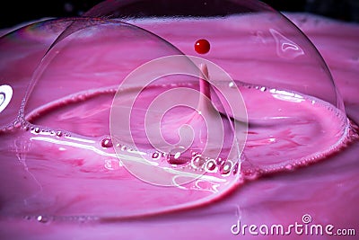 Splash of milk drop in pink color under the buble. Stock Photo