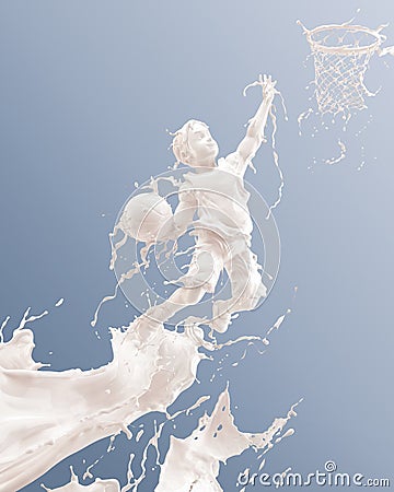 Splash of milk in form of Boy`s body playing Basketball Cartoon Illustration