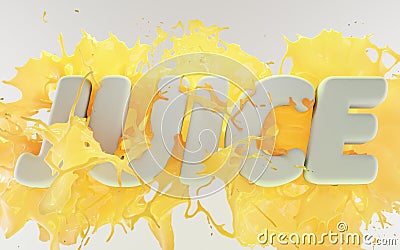 Splash of pineapple, banana or mango juice. Juicy fruity yellow drink 3d with word JUICE capital letters on white Cartoon Illustration