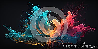 Splash of rainbow paint. Smoke billowing flames background. Abstract color swirl wallpaper. Stock Photo