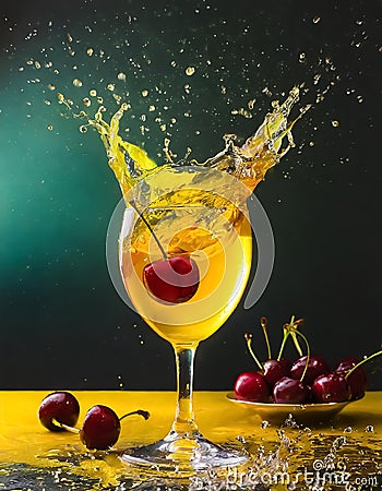 Splash of red cherries in a glass with colorful aperitif Stock Photo