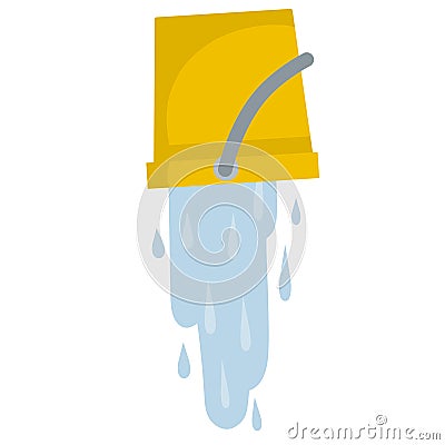 Splash and splatter. Liquid pours out. Cartoon flat illustration. Cleaning the house. Orange bucket of water Vector Illustration