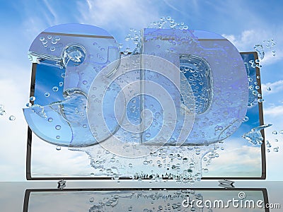 Splash of water from the TV screen on a background of a sunset landscape, with symbols 3D and 4K, 3d render Stock Photo