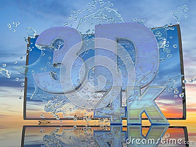 Splash of water from the TV screen on a background of a sunset landscape, with symbols 3D and 4K, 3d render Stock Photo