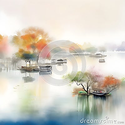 splash watercolor arts of a light mist envelops the Slender West Lake in Yangzhou, East China's Jiangsu province. Stock Photo