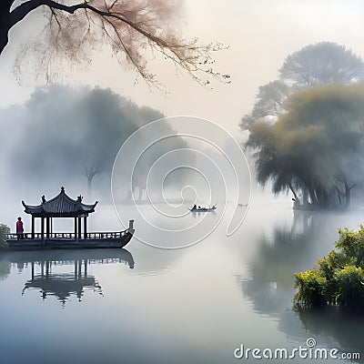 splash watercolor arts of a light mist envelops the Slender West Lake in Yangzhou, East China's Jiangsu province. Stock Photo