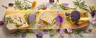 A splash of zesty zing wedges of sharp cheddar surrounded by a blend of vibrant herbs and es.. AI generation Stock Photo