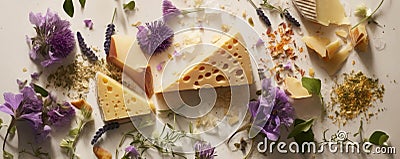 A splash of zesty zing wedges of sharp cheddar surrounded by a blend of vibrant herbs and es.. AI generation Stock Photo