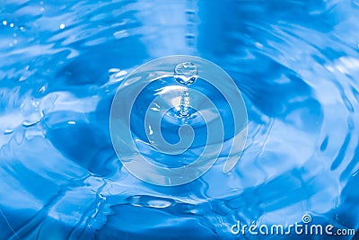 Splashes from a drop of water. Rain drops on a blue background. The texture of the water. Aqua, ripple, turquoise, macro Stock Photo