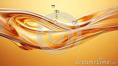 Splashes and drops of liquid oil. Fresh Olive or motor engine oil eco nature golden color close-up. Shine yellow Cosmetic oil or Stock Photo